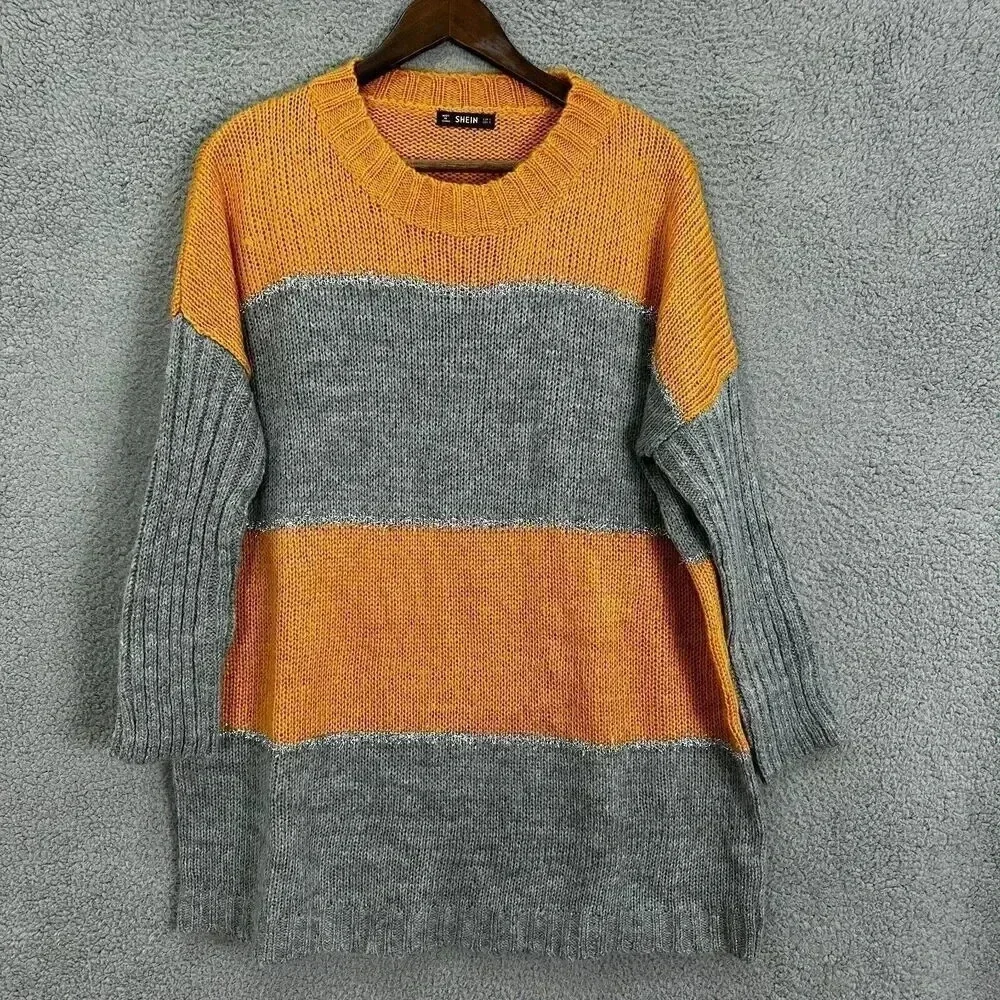 Shein sweater dress womens small orange gray colorblock‎ oversized boho layers